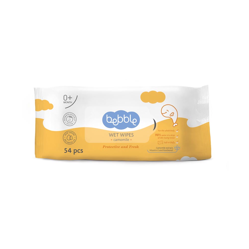 Bebble Wet Wipes Chamomile, 98% water content, water wipes with lotion.