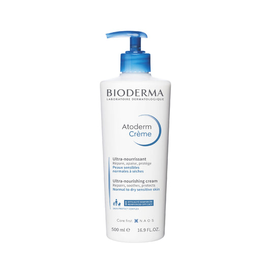 Atoderm Crème: Ultra-Nourishing Daily Care for Normal to Dry Sensitive Skin 500 ml pump bottle.